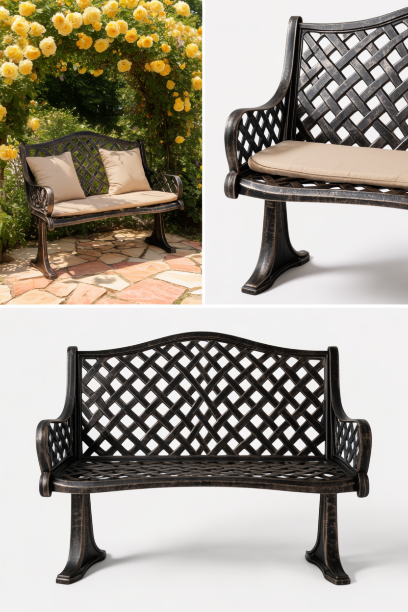 Classic Lattice Cast Iron Weatherproof Garden Bench